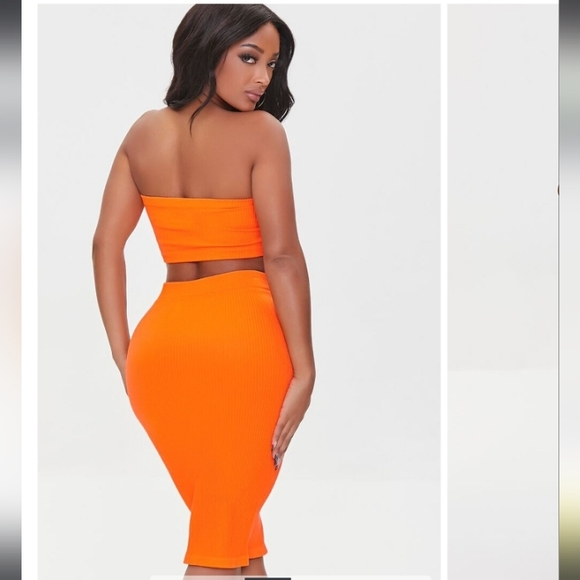 FOREVER 21-(2 PC) Orange Ribbed Tube Top & Knee Length Skirt- S/M - Picture 6 of 6